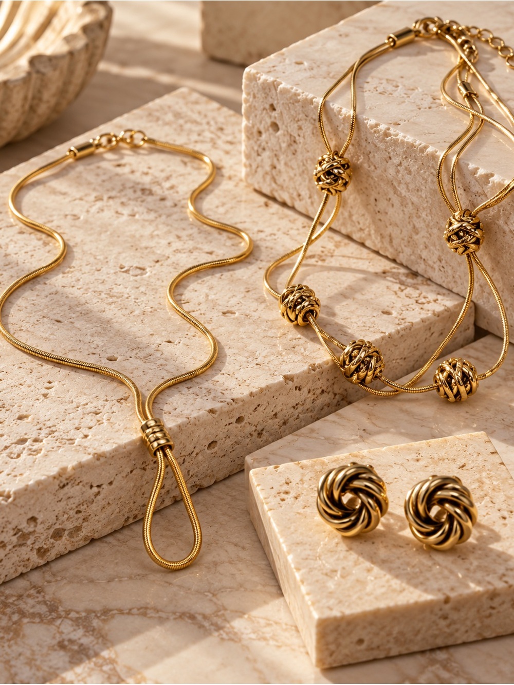 Vintage Jewelry Bundle 3 Two Necklaces 1 Pair Earrings All Gold Tone EUC